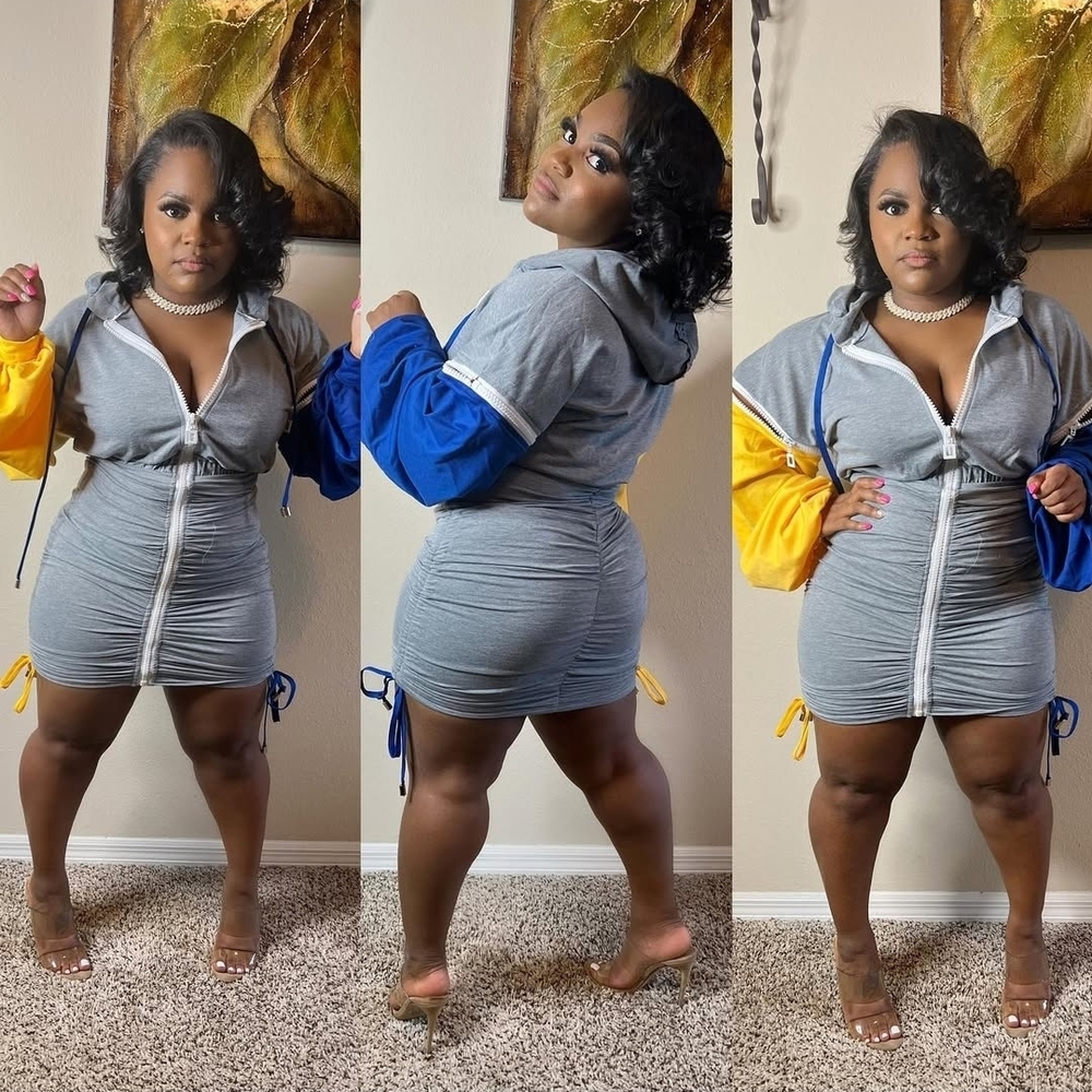 Gray Scrunched Zip-Up Dress with Blue and Yellow Sleeves